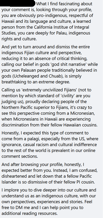TumeliTuqota's tweet photo. Listen, I get a lot of shit comments on Facebook, especially around my clips with Mr Sevudredre. But this comment from a Palauan living in Hawaii really took me out. So much so that I had to write a fuckin' essay in reply.

My write up was emotionally draining 😂 https://t.co/p8wAylPwvO