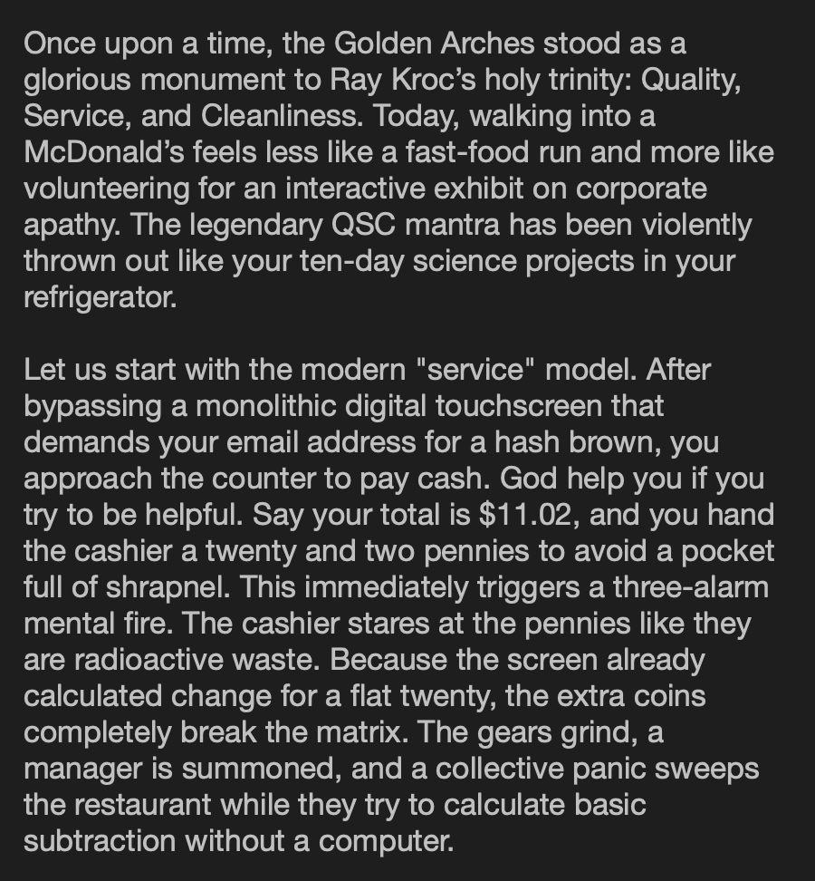 aseitzwald's tweet photo. This impassioned treatise about how  McDonald's has gone downhill might the most smalltown-letter-to-the-editor letter to the editor we've received in my brief time as a smalltown newspaperman. https://t.co/fypDvmPgSy