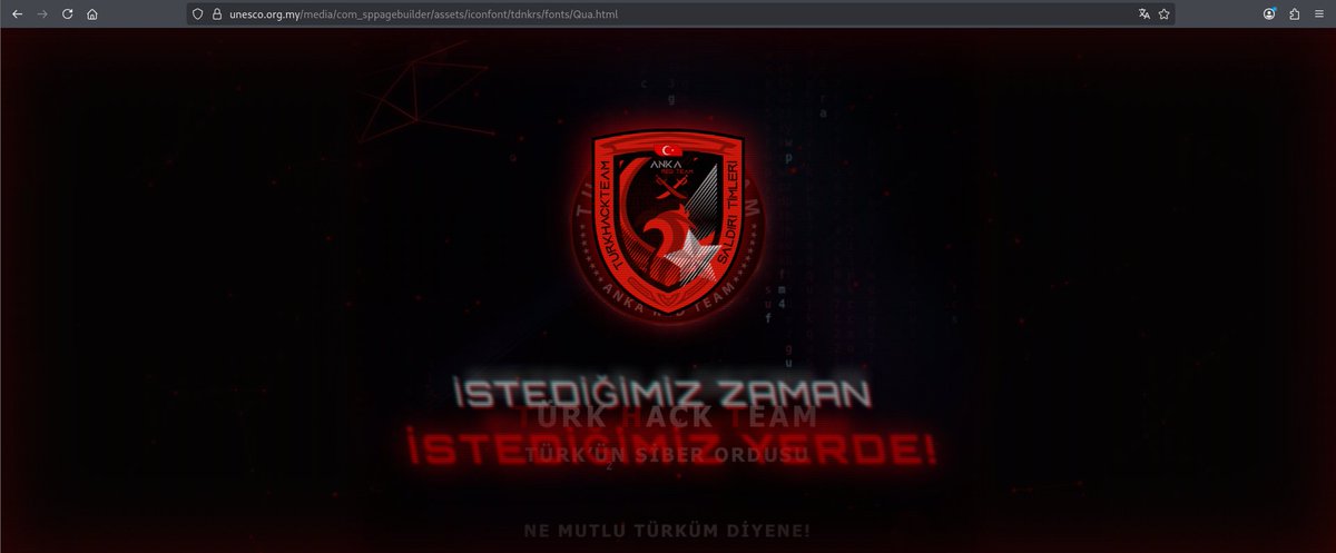 ankaredofficial's tweet photo. 🔴 UNESCO Hacked by Anka Red Team! 

Malaysia UNESCO was hacked by Anka Red Team!   

Forum Link: https://t.co/hN4UgSeJrV

Zone: https://t.co/9opYelWWyB #AnkaTeam #TurkHackTeam #Hack #Deface #TurkishHacker

@DarkWebInformer @ido_cohen2 @DailyDarkWeb @VECERTRadar @FalconFeedsio https://t.co/Kujd21kxQf