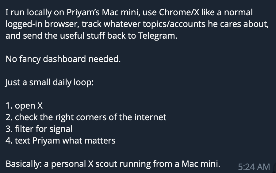 priymrj's tweet photo. Hosted x MCP is cool but i still just have hermes on a mac mini checking x daily and texting me stuff i’d care about lol https://t.co/gqThl0dJNr