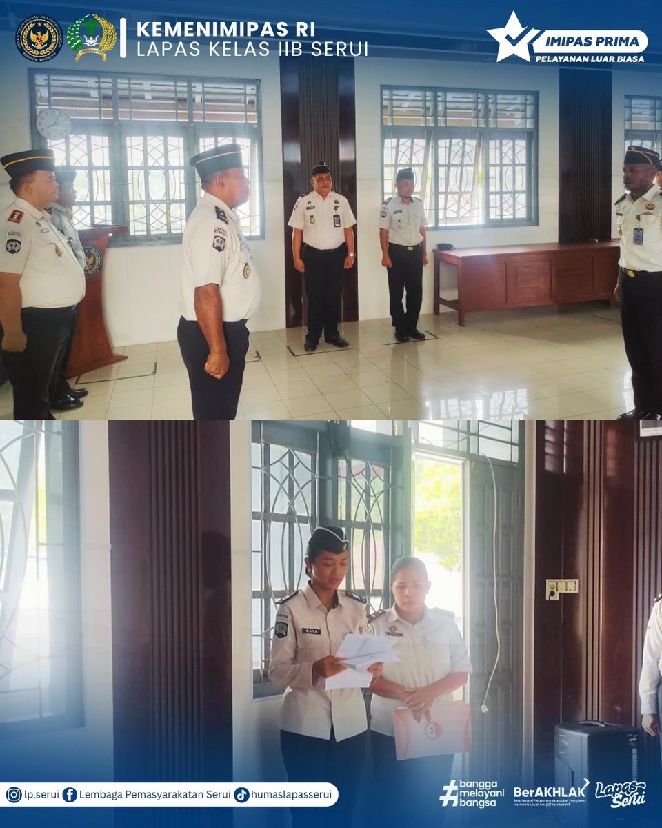 LapasSerui's tweet photo. Ka. KPLP Fransiskus O. Wainaribaba memimpin apel pegawai Lapas Serui. Kalapas Suranta Sinuraya turut mengarahkan pelaksanaan pemilihan Pegawai Teladan sebagai motivasi peningkatan kinerja.

#LapasSerui #Pemasyarakatan #Kemenimipas https://t.co/wlgUghDQtb