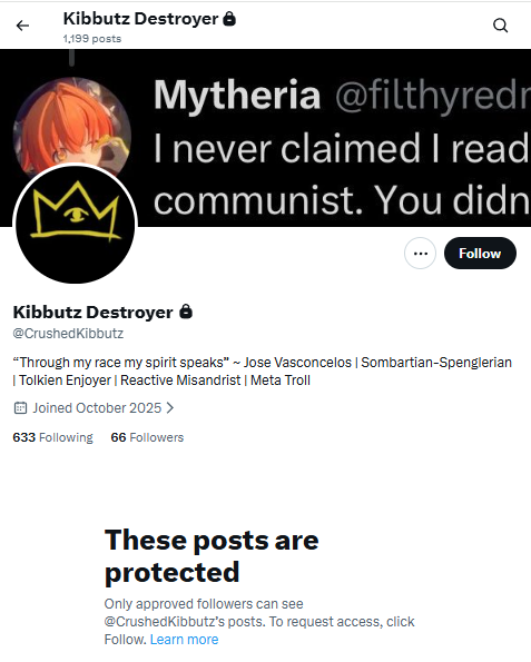 filthyredmenace's tweet photo. Nothing says winning quite like privating your account a second time in the middle of an argument. I own you @CrushedKibbutz. https://t.co/rJxro5xXL2
