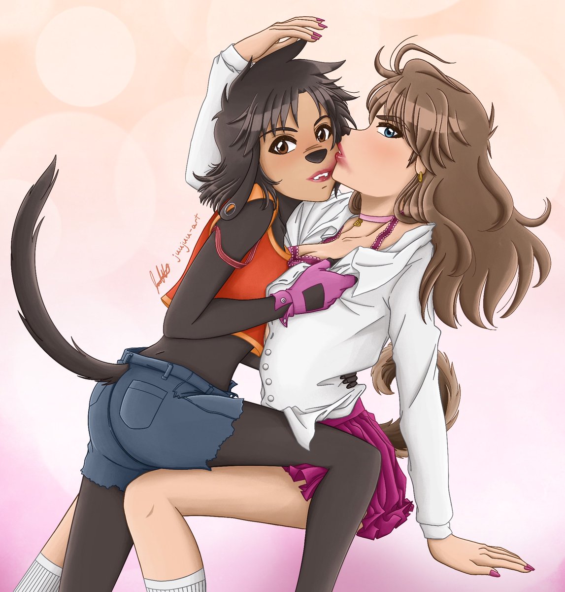 juujuu_art's tweet photo. #sapphic #maxley, just in time for the end of #pride month! Their clothes are a mix of their canon outfit colors and the colors from the lesbian flag 💗 

#maxgoof #bradleyuppercrustiii https://t.co/Ho3McklbAz