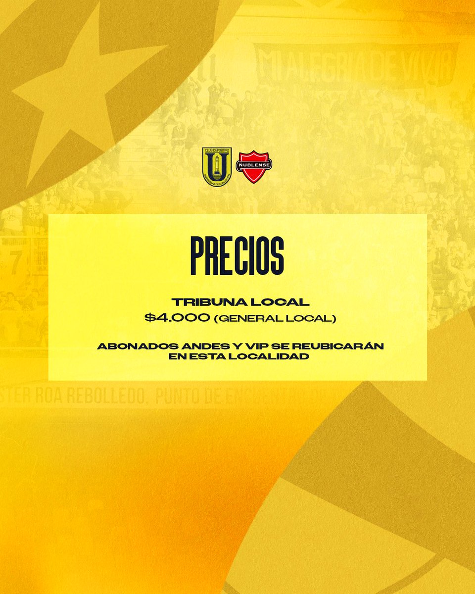 FutbolUdeC's tweet photo. 𝗣𝗥𝗢́𝗫𝗜𝗠𝗢 𝗗𝗘𝗦𝗔𝗙𝗜́𝗢 🔔

Ya puedes adquirir tu entrada para la fecha 02 de la #CopaChileZeroAzúcar🏆 ante Ñublense⚽️

📆 Miércoles 01/07
⏰ 15:00 hrs
🏟️ Estadio Federico Schwager, Coronel 

#ElOrgulloDeSerForero 
#ElÚnicoCampeónDeConcepción 🟡🔵 https://t.co/ruglqaxiHy