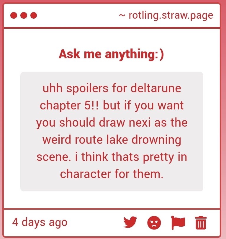 Rotling3253781's tweet photo. Strawpage req , deltarune chapter 5 spoilers
Hehe
#nexti #labdog https://t.co/kmDhCXCj6W