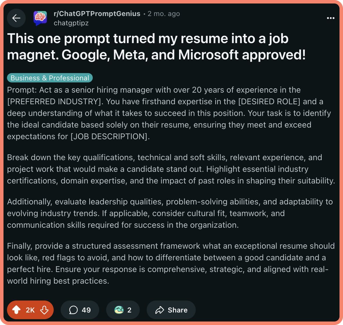 Machi091's tweet photo. Someone on Reddit claims this single ChatGPT prompt helped land interviews at Google, Meta &amp; Microsoft https://t.co/pGgcmpOmaG
