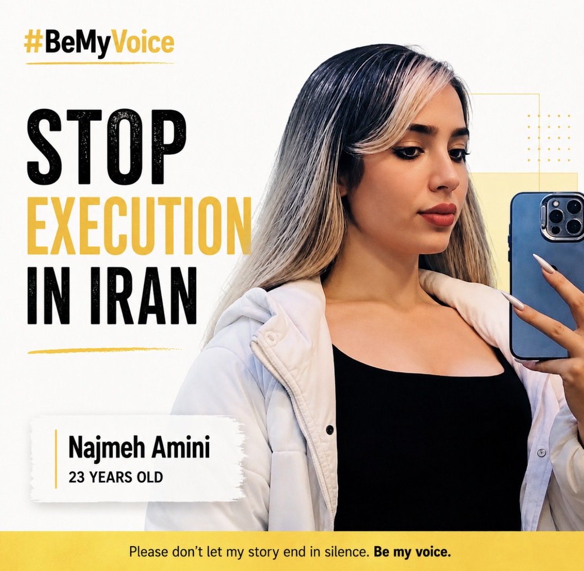 BeMyVoiceIran's tweet photo. My name is Najmeh Amini. I was arrested during the January uprising in Iran. I was tortured and forced to make false confessions. Today, I am facing execution on false and fabricated Moharebeh charges.
I should be living my life, not waiting to be executed. Please don’t let my story end in silence. #BeMyVoice.

#نجمه_امینی 
#StopExecutionInIran