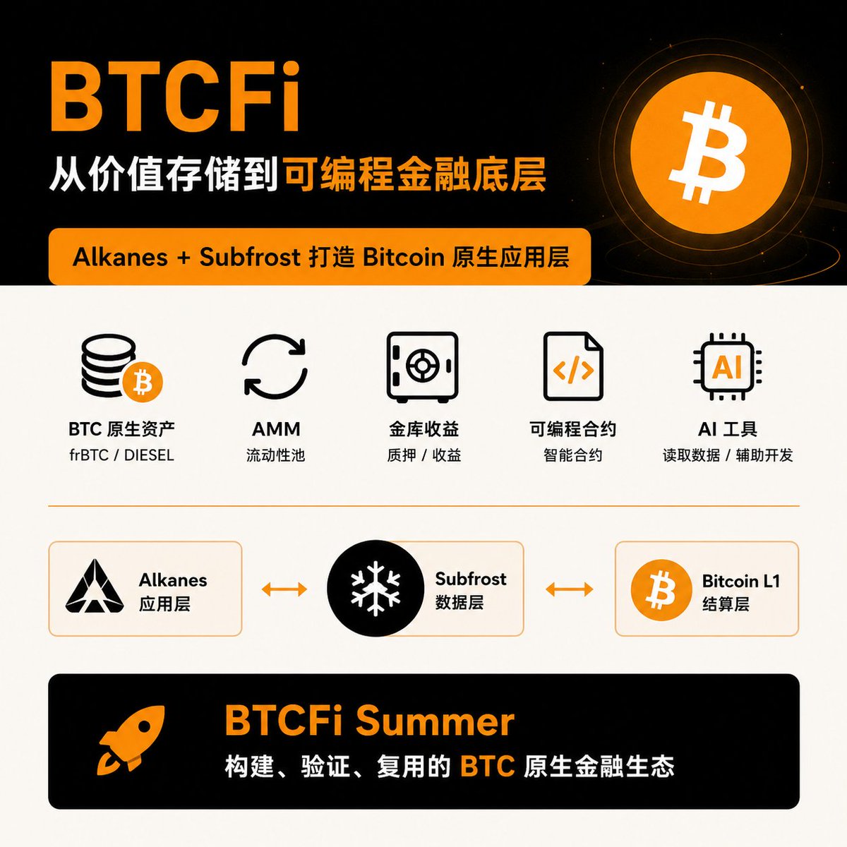 bilion1983's tweet photo. BTCFi 不是把几个币搬到比特币上炒一轮。

真正的 BTCFi，是让 BTC 从“价值储存”变成“可编程金融底层”。

Alkanes 正在做的事情，核心不只是发币，而是把 Bitcoin L1 变成可以运行智能合约、AMM、金库、质押、NFT、Oracle、AI 工具的原生应用层。

这才是重点：

以前大家看 BTCFi，看的是什么？

桥、L2、跨链包装资产、中心化托管收益。

但 Alkanes + Subfrost 的方向不一样：

✅ BTC 原生资产
✅ frBTC / DIESEL / FIRE 生态飞轮 
✅ AMM 流动性池 
✅ 链上金库收益 
✅ 可编程合约 
✅ AI 直接读取协议文档和链上数据 
✅ 开发者可以更快构建应用

Aries 这种工具的出现，说明 Alkanes 生态正在从“玩家阶段”走向“开发者阶段”。

当 AI 能读 Alkanes 文档、查 Subfrost 链上数据、分析池子、追踪 frBTC/DIESEL 状态、辅助开发合约时，BTCFi 就不再只是口号。

它开始变成一个可以被构建、被验证、被复用的系统。

Runes 解决的是资产发行。

Alkanes 要打开的是 Bitcoin L1 DeFi 的应用层。

BTCFi Summer，不是靠喊出来的。

是靠一个个池子、一个个金库、一个个合约、一个个开发工具堆出来的。

而现在，Alkanes 正在进入这个阶段。

#Alkanes #BTCFi #BitcoinDeFi #Subfrost #DIESEL #FIRE