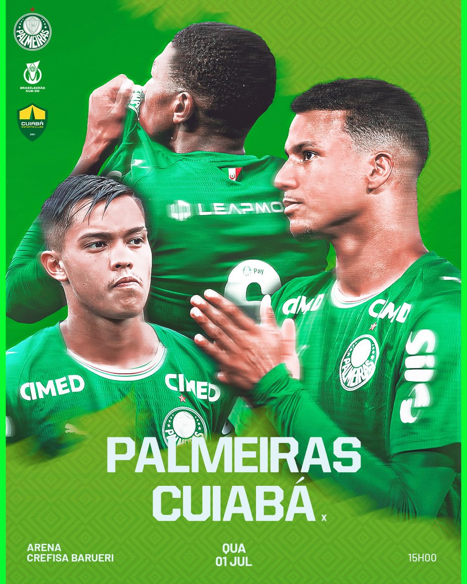 Palmeiras's tweet photo. Líderes e invictas, as #CriasDaAcademia entram em campo para enfrentar mais um desafio pelo Brasileiro Sub-20! 👊⚽

⚽ Palmeiras x Cuiabá
🏆 Brasileiro Sub-20
🏟️ Arena Crefisa Barueri
⏰ 15h
🗞️ https://t.co/4ygOL98l5L https://t.co/GZIHAeKA6G