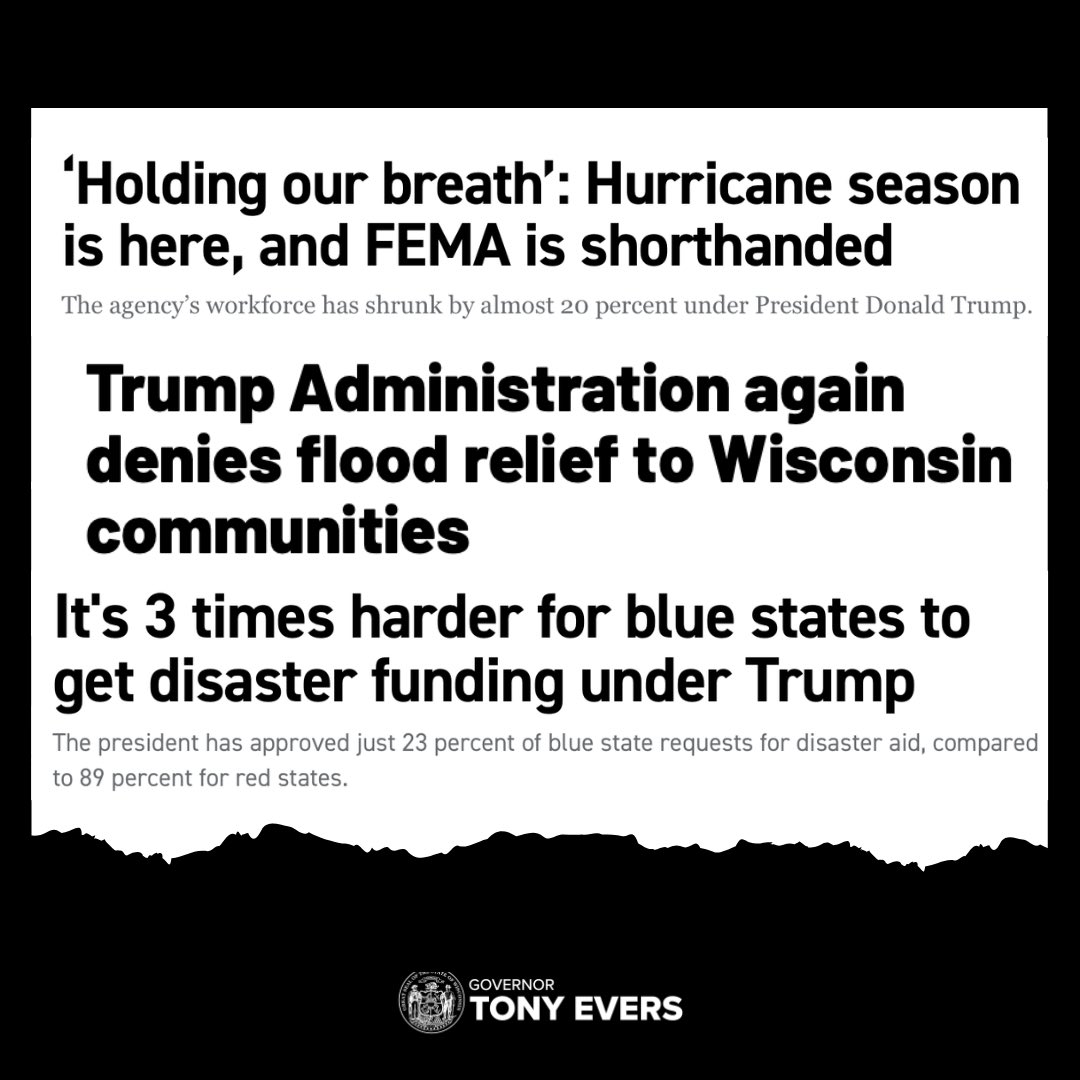 GovEvers's tweet photo. Here’s my statement on President Trump posting about his endorsement for governor while he plays politics with disaster funds Wisconsin needs to rebuild after multiple severe weather events over the last year. https://t.co/JZA3CKGPc1