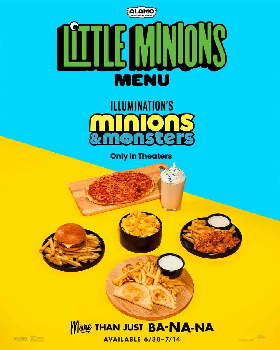 drafthouse's tweet photo. More than just ba-na-na! Our Little Minions menu has all of the kid's favorites you've come to expect, and a delicious CHOCOLATE banana shake with sprinkles. Available 6/30-7/14, at participating locations. Get your tickets to MINIONS &amp; MONSTERS here: https://t.co/gBgHS0bNmU. https://t.co/SORcDLQ54G
