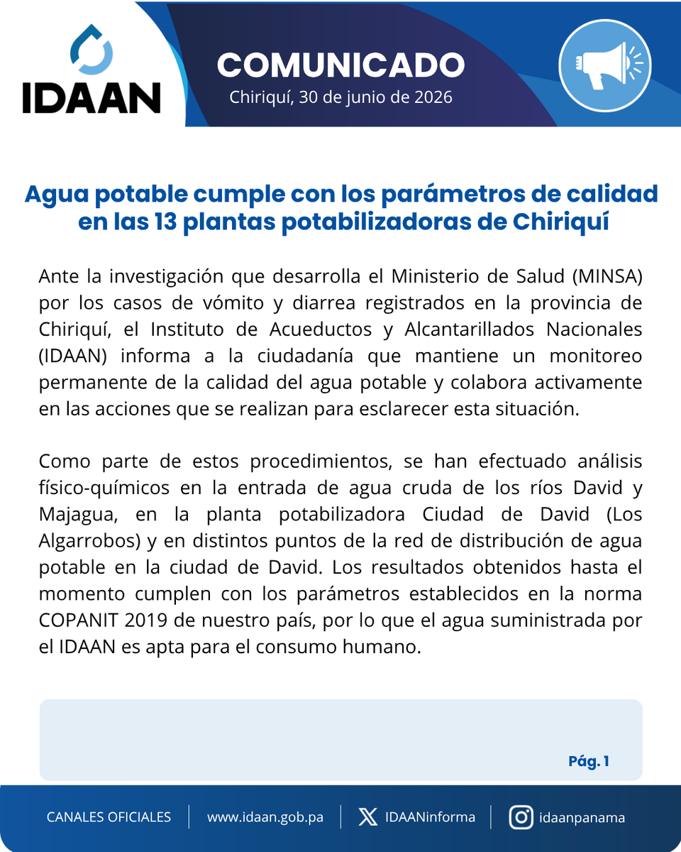 IDAANinforma's tweet photo. 📢¡Atención!

Agua potable cumple con los parámetros de calidad en las 13 plantas potabilizadoras de Chiriquí. 🚰✅ https://t.co/DXt6rGo7H9