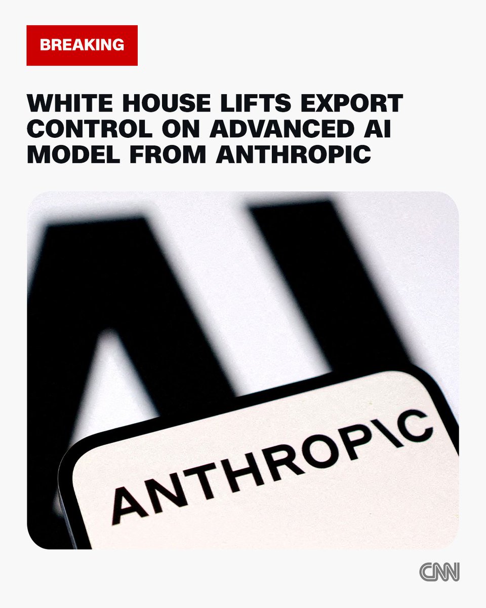 cnni's tweet photo. White House lifts export control on advanced AI model from Anthropic, weeks after a ban froze access for foreign nationals https://t.co/OtjUWaa3WA https://t.co/tiYYIIVVVG