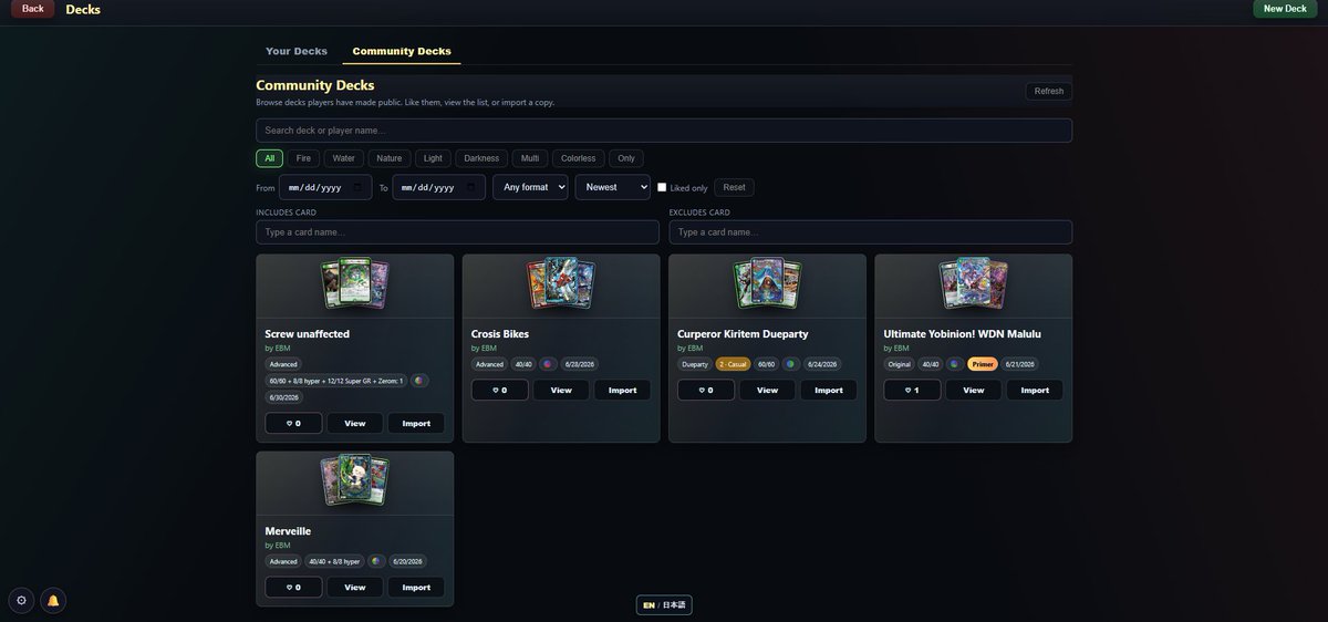 juggernautilis's tweet photo. Introducing Battle Zone: a browser Duel Masters simulator (EN &amp; JP)!
A hobby project bridging the EN &amp; JP communities.

Bilingual DB, every card
Online play, multiple formats
Deck sharing &amp; builder
Manual board control + replays

▶ https://t.co/sZf5ouyK6v
#DuelMasters #Duema https://t.co/ovQqKwveyE
