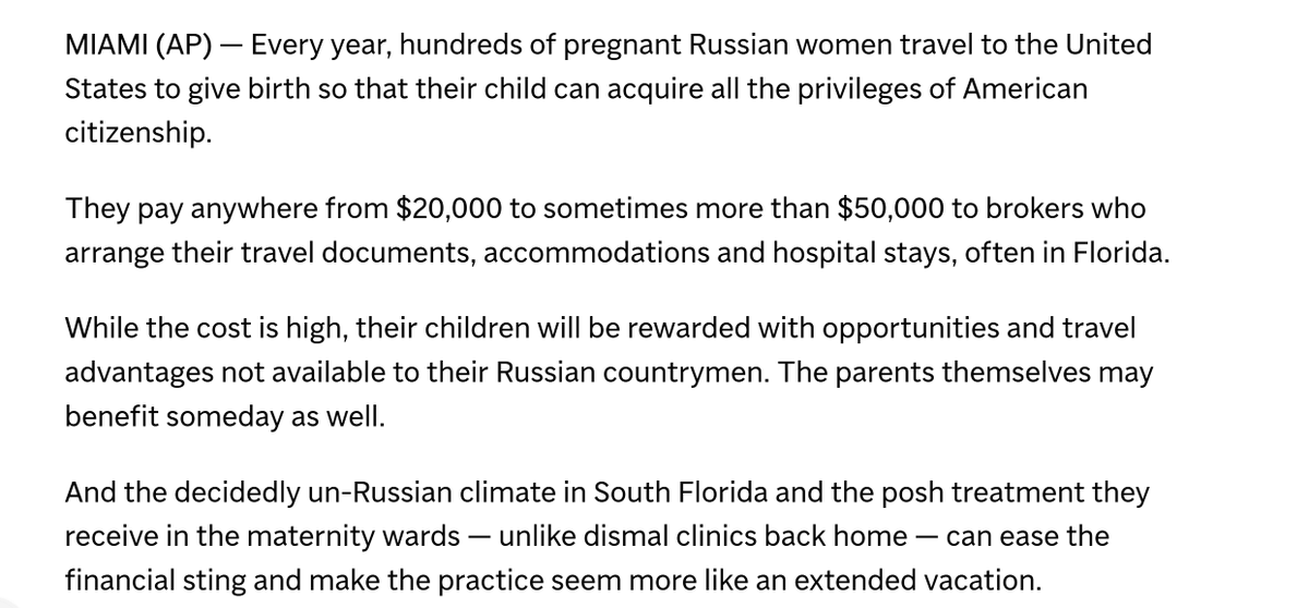 TeahCartel's tweet photo. Russian women gave birth in Florida for the specific purpose of getting their kids US passports, in a procedure often called "birth tourism." The births occurring at properties owned by Donald Trump. Yes, he knew this was happening, and NOT once has he said anything about Russia having anchor babies in America.