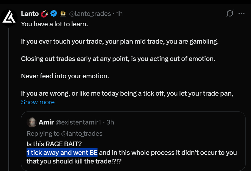 BrendanM021's tweet photo. @Minnesota22_ @jacktradesnq @lanto_trades If you slow down and stop thinking about dick you might be able to pay attention..
"1 tick away  and went BE" https://t.co/BnbqXy992k