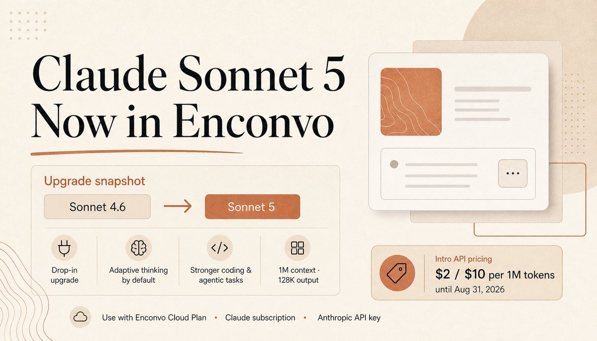 enconvo_ai's tweet photo. Claude Sonnet 5 is now in Enconvo.

Use it with Enconvo Cloud Plan, your Claude subscription, or your Anthropic API key.

Intro API pricing runs until Aug 31, 2026:
$2 input / $10 output per 1M tokens.

Standard pricing returns Sep 1.

https://t.co/2eCH80s5Ha https://t.co/V1ypSKl5Dd