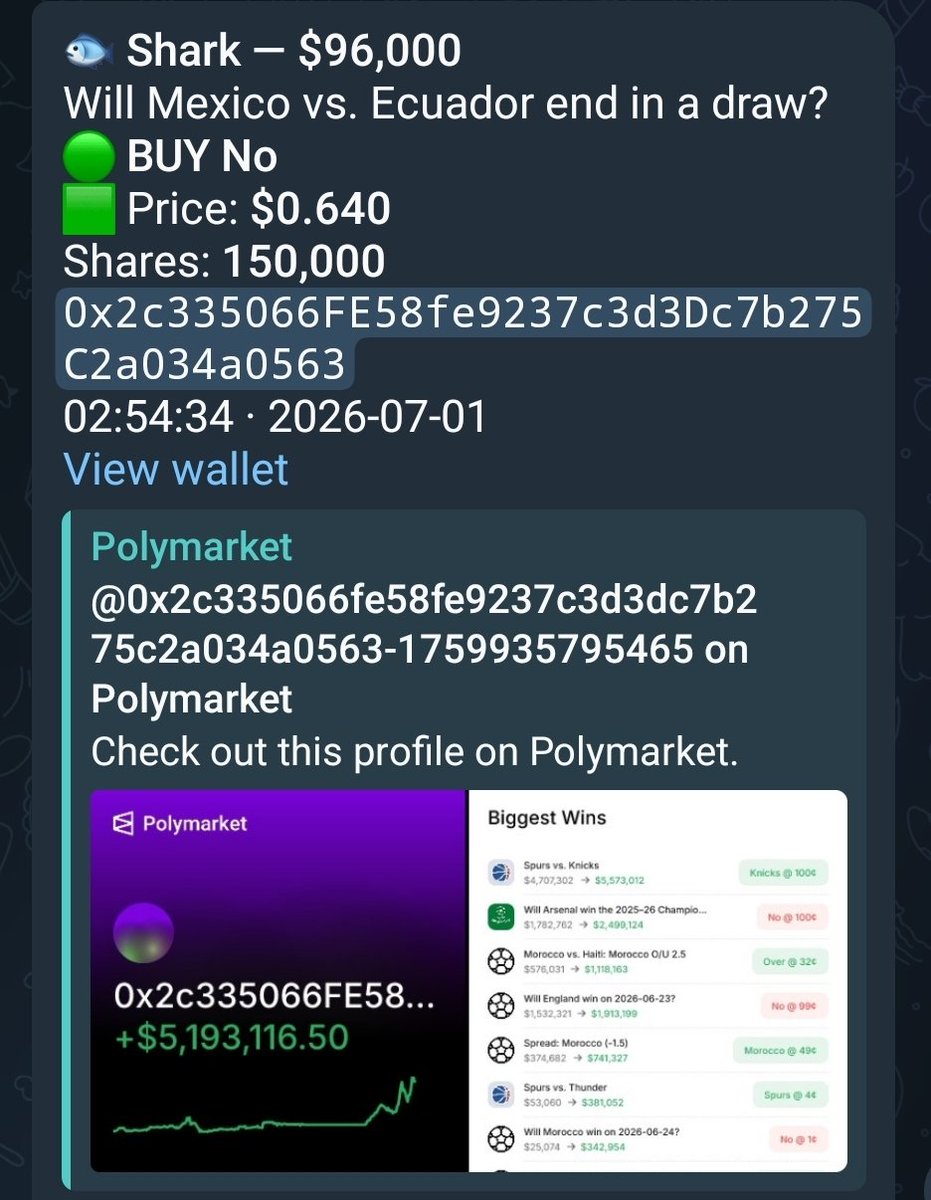 megazire's tweet photo. @PolymarketSport Another whale spotted by Polyintel.

Polyintel caught the bet early, and this wallet looks more like an algo trader than a random whale.

Hmmm..

Definitely one to keep an eye on. https://t.co/Bu1MifiL7f