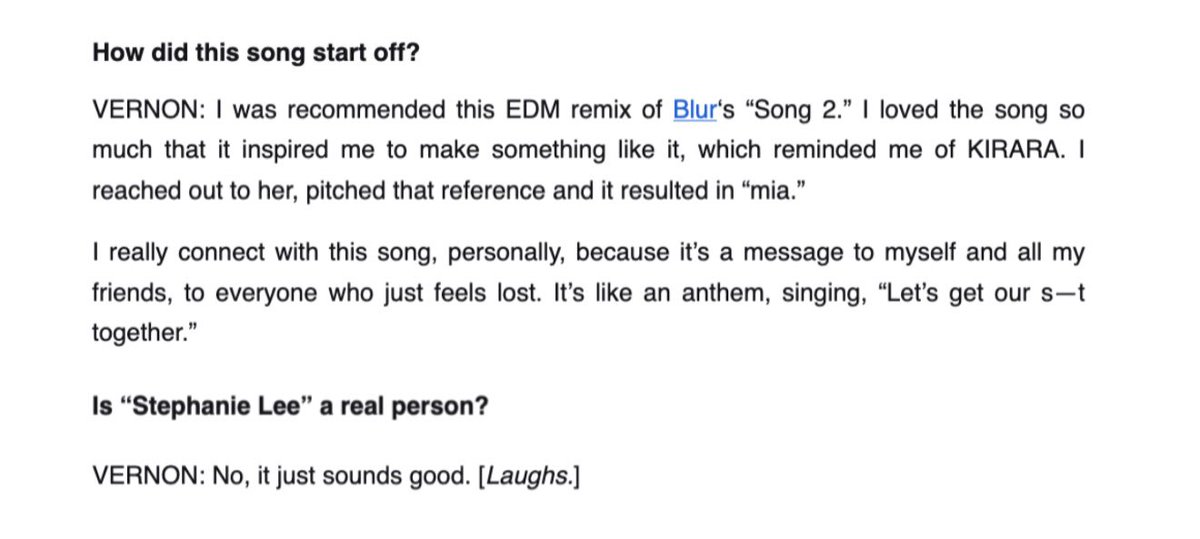 vernonsource's tweet photo. vernon about his solo song ‘mia’  #VERNON #버논

🐻‍❄️ i was recommended this edm remix of blur’s ‘song 2’ - i loved the song so much it inspired me to make something like it, which reminded me of kirara.
👤 is ‘stephanie lee’ a real person?
🐻‍❄️ no, it just sounds good (laughs) https://t.co/IQXiJk4SDS