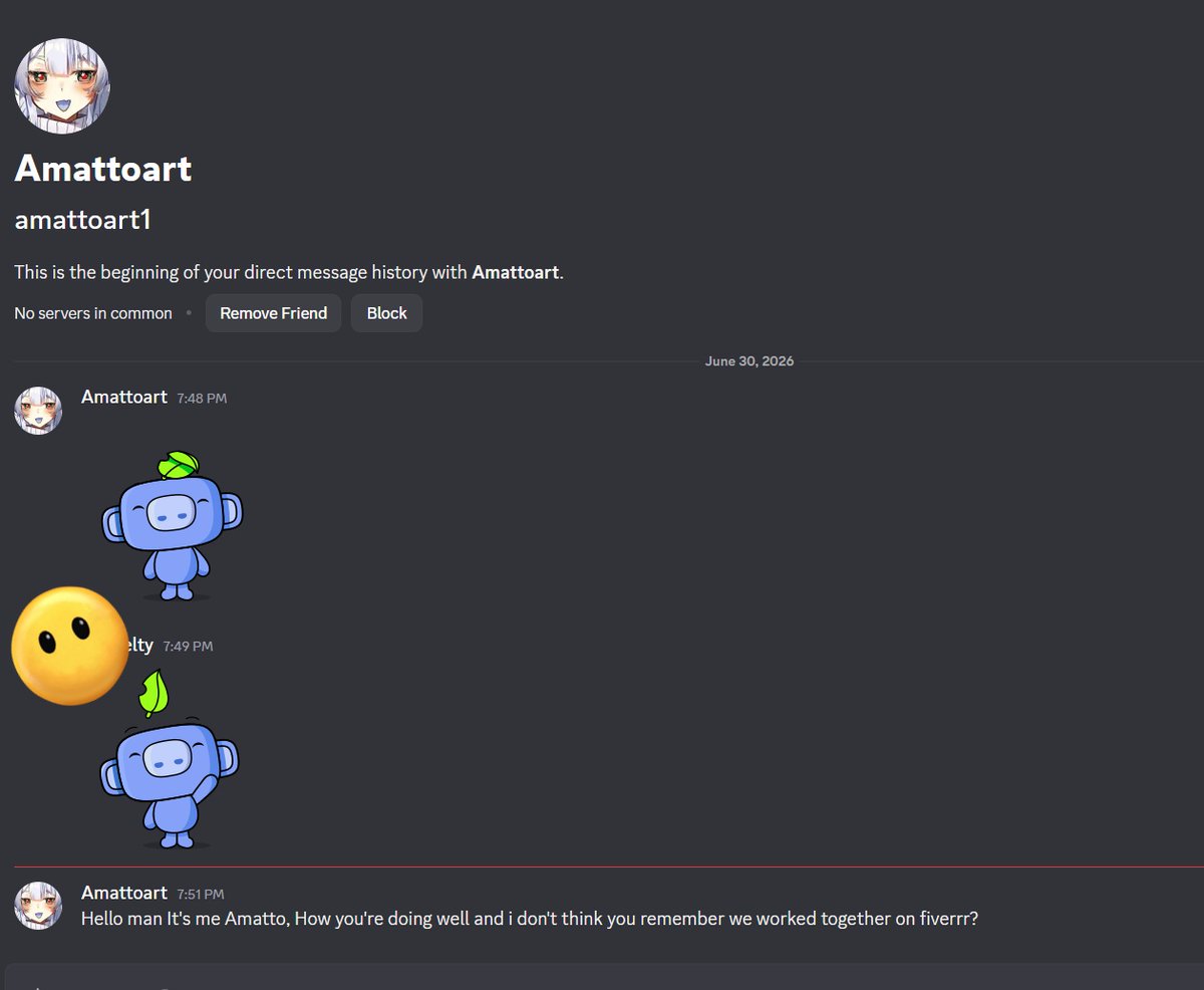 AmattoART's tweet photo. Someone is impersonating me! Please be careful! 

This screenshot was sent to me by one off my past commissioners 🥺

My discord nickname is amattoart, and I don't have any other profiles! Please rt so no one will get scammed 🥺 https://t.co/zAMLmpSrjR