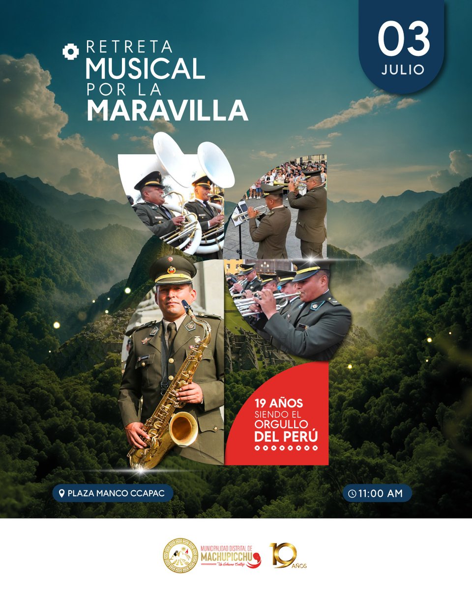 munimapi's tweet photo. La Banda de Música del Ejército del Perú llega a la Plaza Manco Cápac para celebrar la Semana de la Maravilla con una retreta musical llena de tradición y orgullo.
📍 03 de julio | 🕚 11:00 a.m.
¡Vive la fiesta de nuestra Maravilla Mundial! 

#SemanaDeLaMaravilla #Machupicchu https://t.co/RkFKk0UQlu