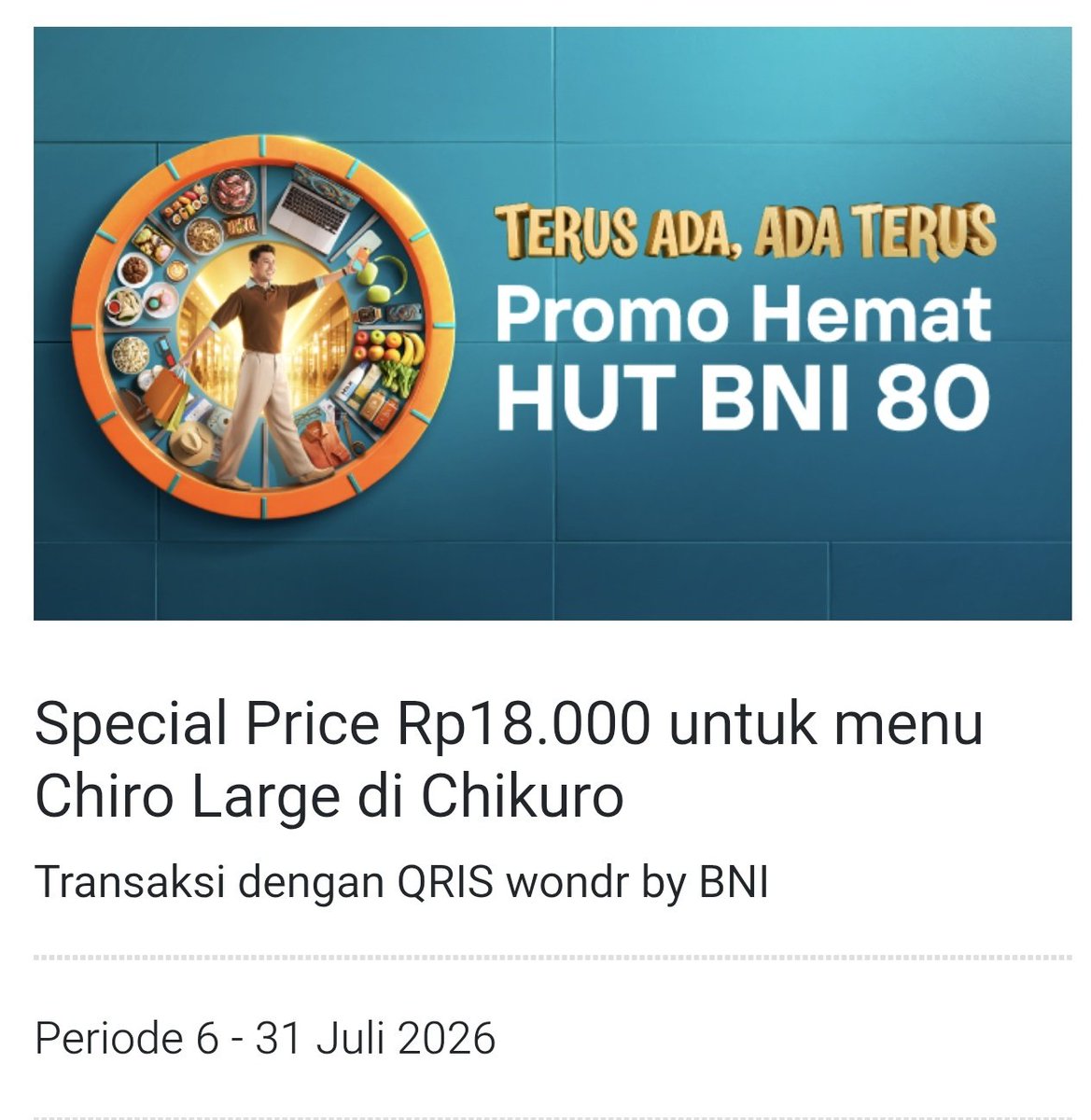 kimmyexp's tweet photo. sudah saatnya sobat BNI tampil 😭

promo HUT BNI

yg jadi murah menurutku worth bgt:
Chikuro large 18RB 
Fore coffee 8RB
Roti O 2pcs 8RB
Yoshinoya beef bowl 28RB
beards papa creampuff 2pcs 18RB
dll nanti ku update

ada diskon mako juga diskon 80RB minbel 150RB

start 4 juli, perbrand beda beda tgl nyaa
yg pake BNI, admin bulanan berapa ribu gais😃😁😄
