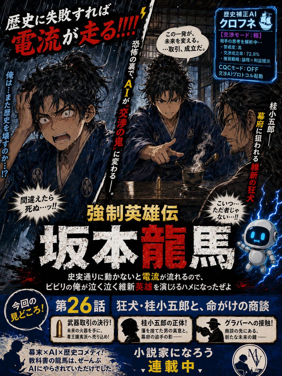 morikawa_works's tweet photo. 第２６話　狂犬・桂小五郎と、命がけの商談
更新しました。
坂本龍馬、今日も歴史補正AIに逆らえません。 逆らうと電流です。
『強制英雄伝　坂本龍馬』 【なろうリンク】

#小説家になろう #坂本龍馬 #幕末 #歴史コメディ
 https://t.co/lCTL9DZvu6 https://t.co/2v5ML2kWFV