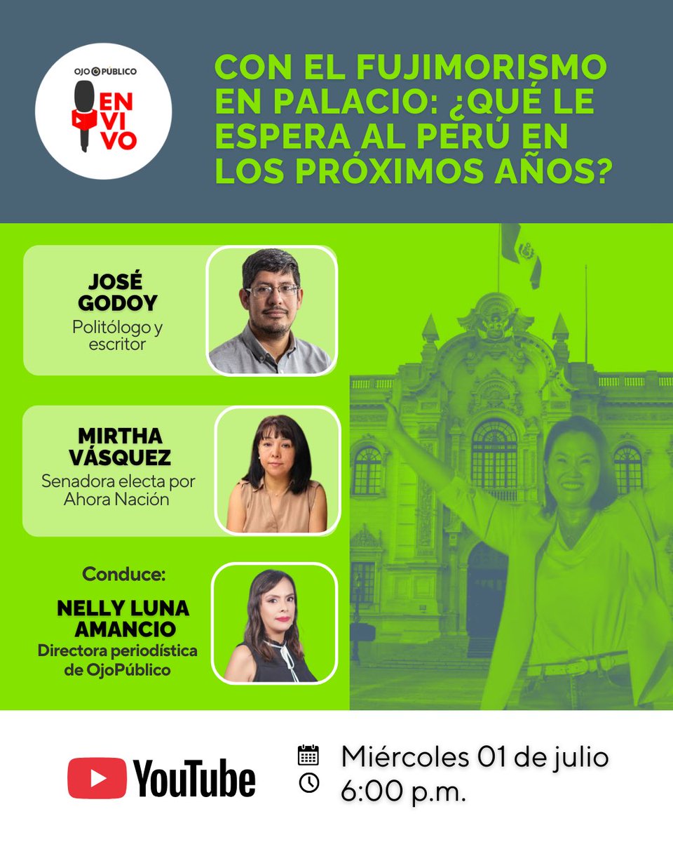Ojo_Publico's tweet photo. #OpEnVivo 🚨 Con el 100% de las actas contabilizadas por la ONPE, Keiko Fujimori se convierte en la próxima presidenta del Perú y asumirá la conducción del nuevo gobierno.

📌 Participan @jgodoym @MirtyVas 
🎙️ Conduce @nellylun 

🔴 Activa la 🔔
👉 https://t.co/OTAMc0aNKd https://t.co/kAafgZuhxu