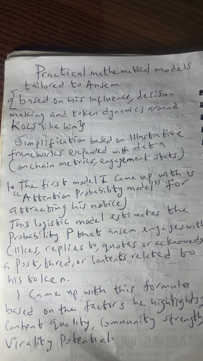 marliannnn's tweet photo. I’ve been thinking about what to do since I saw this  particular tweet, so I decided to create my own mathematical models tailored to Ansem, based on his decision making around his token launch, the token dynamics of other KOLs like him, and the probability of attracting his attention

As a lover of mathematics, I just had to create something from what I know, lol 

I’d really appreciate you guys engagement, and do well to tag @blknoiz06