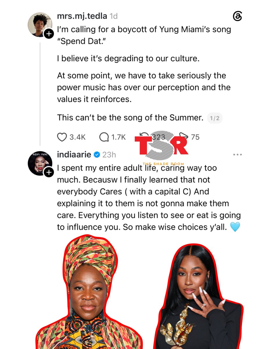 TheShadeRoom's tweet photo. India Arie hopped on threads and commented about Yung Miami’s ‘Spend Dat’ after a commenter said people should boycott the single. Thoughts Roomies?! ✍🏾#TSRStaffAS 📷:(@gettyimages) https://t.co/SRHcnKnBpr