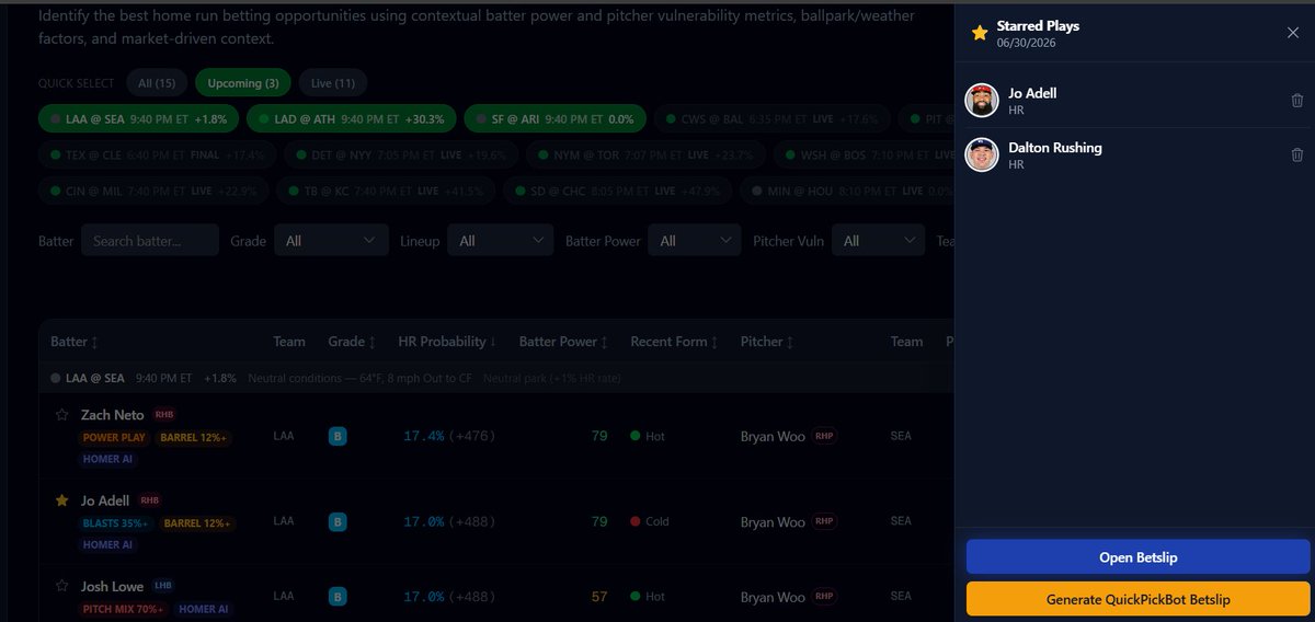 HomeRunPredict's tweet photo. New on HomerunPredict ⚾️ — a deeper integration with @pikkitsports' QuickPickBot.

Star any player prop anywhere in the app, then open your Starred Plays and hit Generate Betslip — one click turns your picks into a ready-to-bet QuickPickBot slip. https://t.co/oSIXEeqq2h