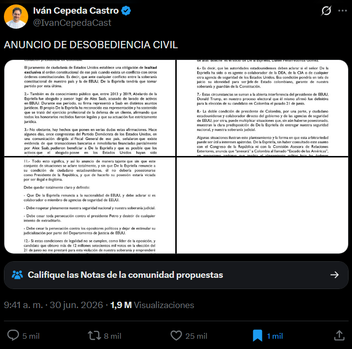 AleKolomonosov's tweet photo. El problema de la idea de "desobediencia civil" propuesta por Iván Cepeda (que no es ilegal y tiene conceptos de la Corte Constitucional), es que es una propuesta que busca, como lo quisieron las marchas a favor del gobierno Petro entre 2022 y 2025, generar las condiciones para una movilización social permanente, sin reconocer que esas movilizaciones son espontáneas y autónomas.

Cuánto le costó al gobierno Petro poder mantener vivo el espíritu de los estallidos sociales, sin comprender que, al llegar al gobierno, parte de esa potencia tiende a amainarse.

Pero, más aún, el problema que tiene esta propuesta es que parte de la carencia de una organización colectiva desde un sujeto político claro y concreto, así como de la falta de imaginación política que lleve todos estos actos a algún lugar. Es decir, sí, desobediencia civil, pero ¿para qué?, ¿con qué fin?, ¿qué se logra con ello?, ¿y cómo se piensa la democracia desde allí?, ¿por qué la desobediencia?

Los objetivos iniciales son claros, pero un llamado a la desobediencia debería tener un fondo específico que no se ligue solamente a desconocer la posesión de un gobierno del que tenemos muchos indicios de cómo va a gobernar, pero del que aún no tenemos claridades plenas porque no la llegado al poder. Esa falta de horizonte político solo va a terminar generando el mismo desgaste en la movilización que durante el gobierno Petro.

Como no existe un programa político concertado al interior de las izquierdas, así como tampoco se han hecho las reflexiones y la autocrítica pertinente, pues al final es un mero llamamiento moral y un acto de resistencia que queda dependiente de la conciencia moral de los individuos.