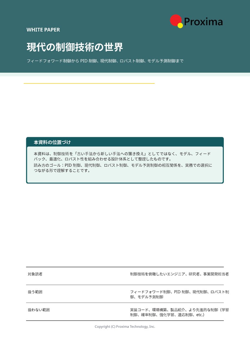takuya_fukatsu's tweet photo. 現代の制御技術をまとめたホワイトペーパーを作成いたしました！扱う範囲はフィードフォワード制御～モデル予測制御までの範囲です！（学習制御や確率制御、強化学習などのより先進的な手法は今回は対象外です）

このpdfは以下のURLよりダウンロード出来ます！
https://t.co/oJ3GQ3o5w6 https://t.co/43ROD0VWqn