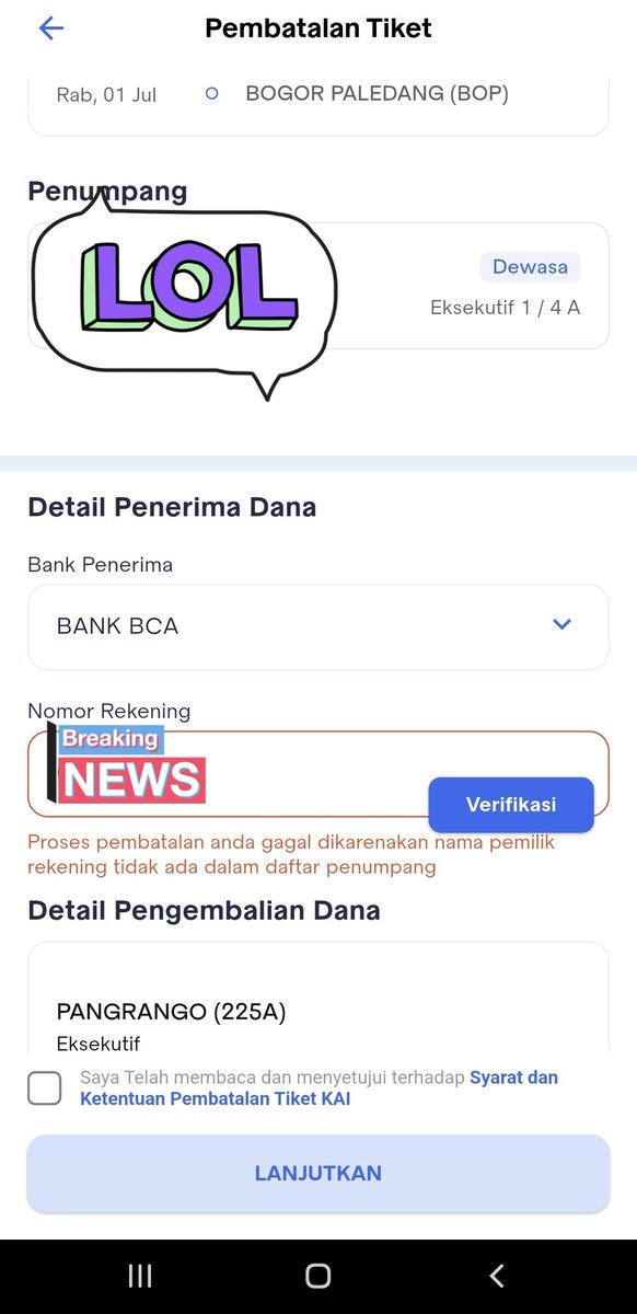 cafamee's tweet photo. @KAI121 Min, knapa pas mau refund tiket no rekening tdk terverifikasi padahal udah sesuai dg identitas penumpang?🥲 https://t.co/F7DQlOh0NW