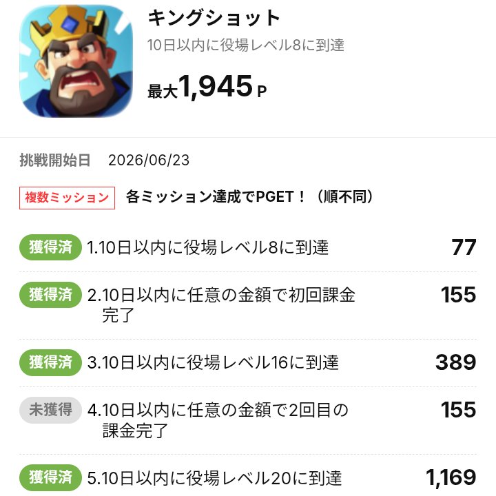 hanmaru39's tweet photo. キングショット
8日でクリア（10日以内）
モッピー（app driver） 

役場Lvを20に昇格させたら獲得済みになりました。（少しラグあり）

各兵営舎と大使館のレベル上げして、法令使って役所Lv上げている時に学院も上げていく感じ

熊討伐イベがメメモリのギルバトと被っていたので、ようやく…ね https://t.co/H59Jli10pC