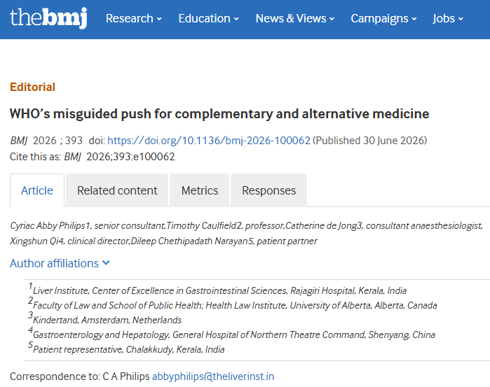 theliverdoc's tweet photo. Today is National Doctors Day in India. And the best day for me to discuss this very important paper. I will tell you why, at the end of this post.

The BMJ invited me to lead and write an invited editorial with a niche group of medical science communicators on an important topic.
https://t.co/kWPdRNSUbp

One of the most common arguments from the traditional medicine industry to prove the "legitimacy" of their (untested) products and (unscientific) practices in healthcare was that they had been "recognised" by WHO. 

Large scale global meetings were conducted by WHO. And countries with emotional appeal towards traditional medical care, while others with political, religious and cultural stakes in the form of business oppurtunities were all part of these WHO-driven meetings were public funds were utilized to plan strategies to justify alternative medicine and promote it. 

In this invited review, me, along with fantastic and brilliant medical science communicators - @CaulfieldTim , @Cath77777 , Prof. Xingshun Qi - and a patient-partner discuss, how, some WHO-related strategies, policies and endoresements are not science-related, but mostly politically and culturally motivated.

Please read here: https://t.co/kWPdRNSUbp

4 major points about the risks of rushing alternative medicine:

Lowered scientific tandards: The WHO is pushing to include traditional and alternative medicines into standard healthcare systems. However, they are dangerously lowering the scientific standards needed to prove these treatments actually work, allowing them to be endorsed before standard safety data exists.

Real risks to patients: Rushing to use unproven traditional remedies can lead to serious patient harm, including dangerous interactions with standard medications. Globally, herbal remedies are actually a more common cause of severe liver failure than prescription drugs.

Driven by politics, not science: The growing acceptance of alternative medicine is often driven by politics, nationalism, and economic interests rather than reliable science. Promoting these unproven practices risks spreading health misinformation and commercially exploiting vulnerable patients.

Safety must come first: While traditional practices are heavily relied upon globally, all patients deserve treatments that are fundamentally safe and effective. We must ensure alternative medicines pass the exact same rigorous scientific tests as conventional healthcare before endorsing them.

Today is National Doctors Day in India. Whether is is WHO or any such "legit" monolithic organization directly promoting misinformation and indirectly driving disinformation that can cause public health harm, as doctors, we do not look at the size of different Goliaths we meet. We fight like David, to protect - because that is what doctors who are really teachers swore - took an oath - that Primum non nocere... 

 ..."first, do no harm."

We hope the WHO is listening. And so are the public.
Editorial: WHO’s misguided push for complementary and alternative medicine
https://t.co/kWPdRNSUbp
