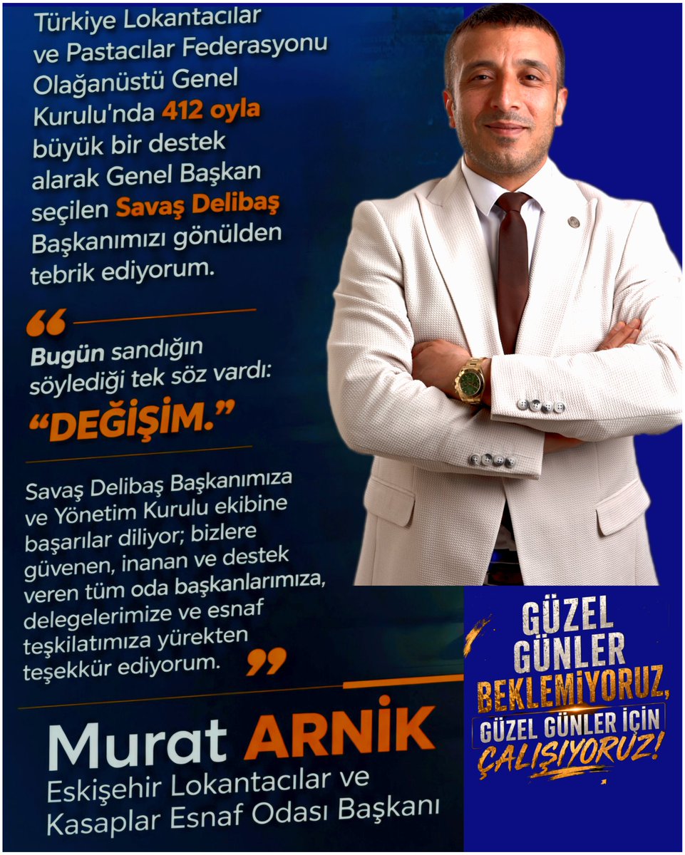 murat_arnik's tweet photo. 📌25 YILLIK SALTANAT ARTIK BİTTİ..
◼️AKLIN YOLU BİR… DEĞİŞİM KAZANDI
📌ESNAF TEŞKİLATI KAZANDI!
Bugün sandığın verdiği mesaj çok netti: "DEĞİŞİM."

◼️Türkiye Lokantacılar ve Pastacılar Federasyonu Olağanüstü Genel Kurulu'nda 412 ezici bir oyla büyük bir destek alarak Genel Başkan seçilen Savaş Delibaş Başkanımızı gönülden tebrik ediyorum.
◼️ Savaş Delibaş Başkanımız ile #Aynı #yönetim #listesinde #yer #almaktan büyük bir onur ve gurur duyuyorum. Şahsıma tevdi edilen bu önemli sorumluluğu; esnaf ve sanatkârlarımızın haklarını korumak, sektörümüzün gelişimine katkı sunmak ve teşkilatımızın daha da güçlenmesi için azimle yerine getireceğim.

◼️Esnafımızın beklentilerine cevap veren bu güçlü iradenin, federasyonumuz için yeni bir dönemin başlangıcı olacağına yürekten inanıyorum.

◼️Başta Genel Başkanımız Savaş Delibaş olmak üzere Yönetim Kurulu üyelerimize  bizlere güvenen, inanan ve destek veren tüm oda başkanlarımıza, delegelerimize ve büyük esnaf teşkilatımıza gönülden teşekkür ediyorum.

◼️Birlikte çalışacak, birlikte üretecek ve birlikte başaracağız.

Murat Arnik 
Eskişehir Lokantacılar ve Kasaplar Esnaf Odası Başkanı