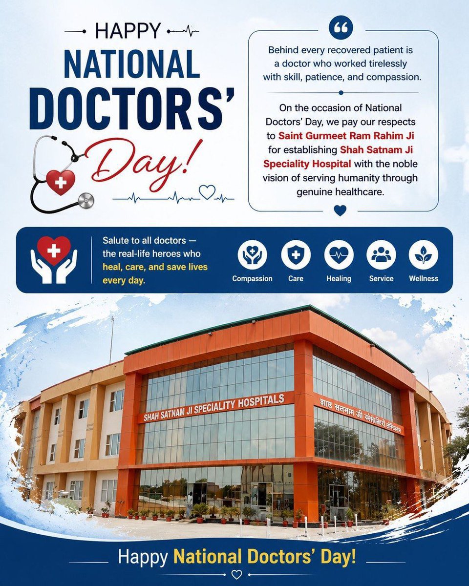 jaswinderinsa16's tweet photo. Doctors are our true lifesavers. On this #NationalDoctorsDay2026, we salute all the doctors of Shah Satnam Ji Speciality Hospital, who following the guidance of revered Guru Saint Gurmeet Ram Rahim Ji, are always ready to serve humanity.
#NationalDoctorsDay https://t.co/LH3ZPd4Mjy