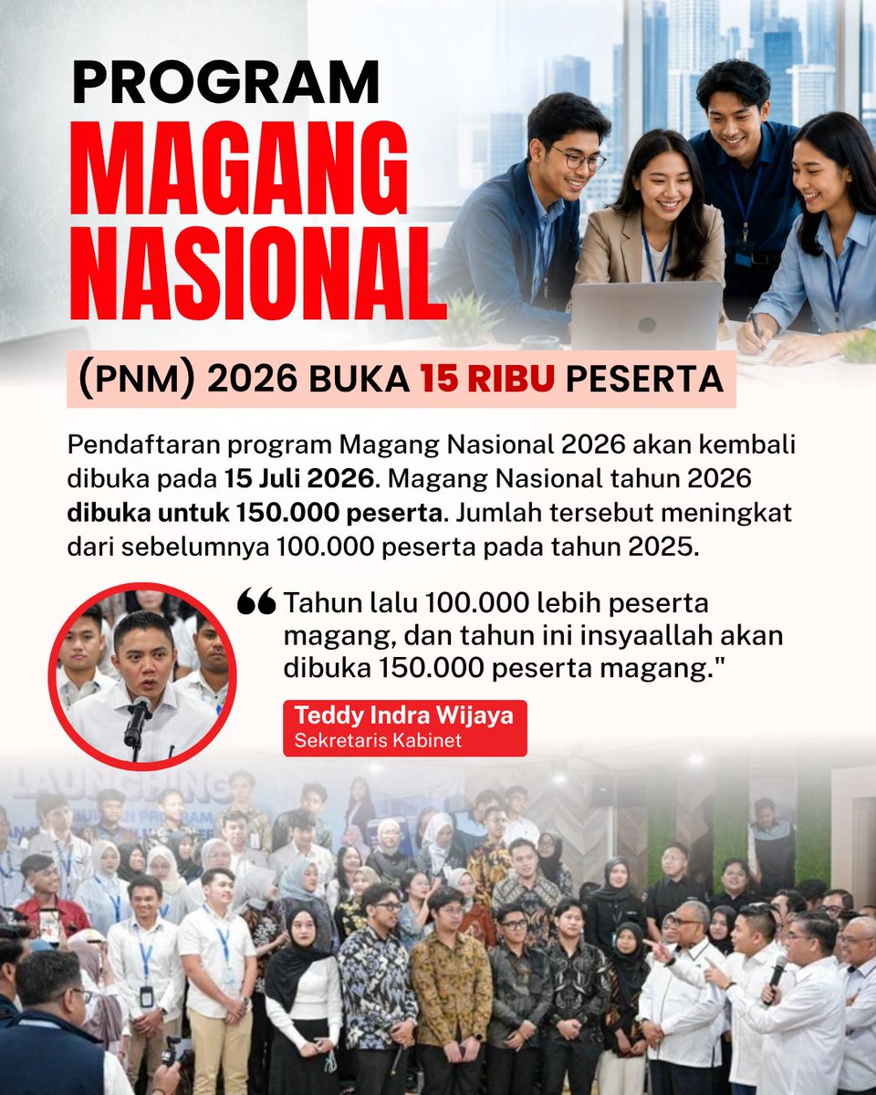 _kaleananta's tweet photo. PMN 2026 membuka hingga 150 ribu kuota bagi peserta yang ingin memperoleh pengalaman kerja. Kesempatan ini diharapkan membantu lulusan baru memasuki dunia profesional.
#PMN2026 #MagangNasional #Karier #jagaindonesia
#dialogbukankonfrontasi https://t.co/Ql8OxBaIxC