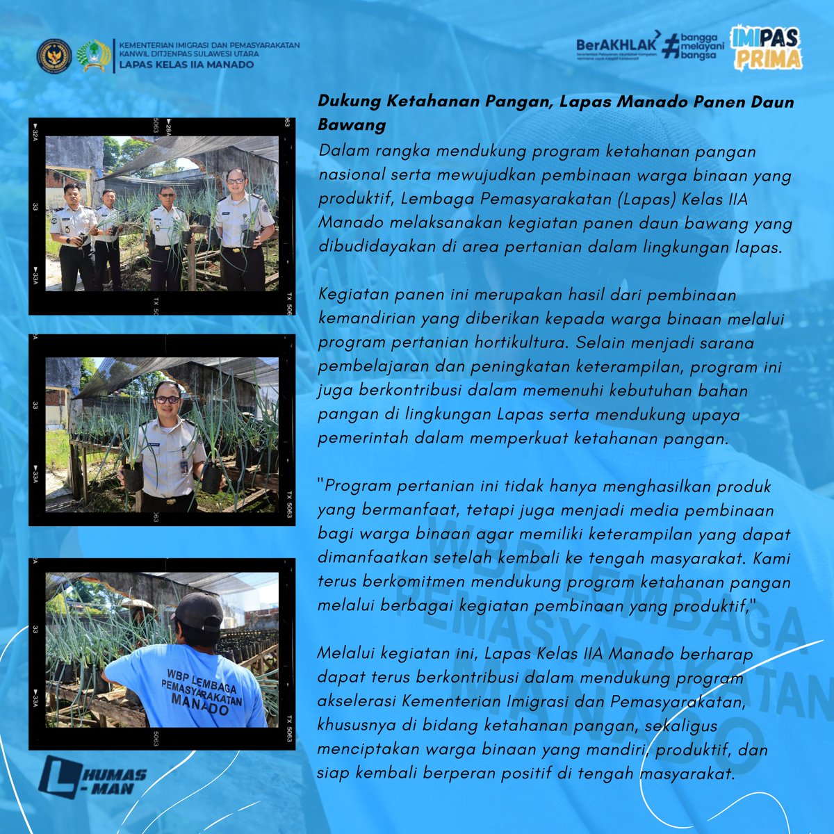 lapas_manado's tweet photo. Dukung Ketahanan Pangan, Lapas Manado Panen Daun Bawang

@ditjenpas
@pemasyarakatansulut
@diary_kemenkumham
@info.kemenimipas

@mediapemasyarakatan
#Kemenimipas
#pemasyarakatan
#ditjenpas https://t.co/H7tzhapAiz