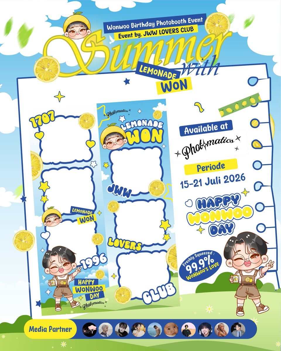 justwwhy's tweet photo. 🍋 SUMMER TIME WITH LEMONADE WON 🍋
Celebrate Wonwoo's Birthday with us!

A Photobooth Frame Event by:
꒰@justwwhy x @lemonadeotr x @115sunkissed꒱

📅 July 15-21, 2026
📍 @photomaticsid
 🔍Details on Poster! ✨

#selfietimeid #lemonadeWON #Wonwoo #SEVENTEEN #원우 https://t.co/Fb41KzxXiW