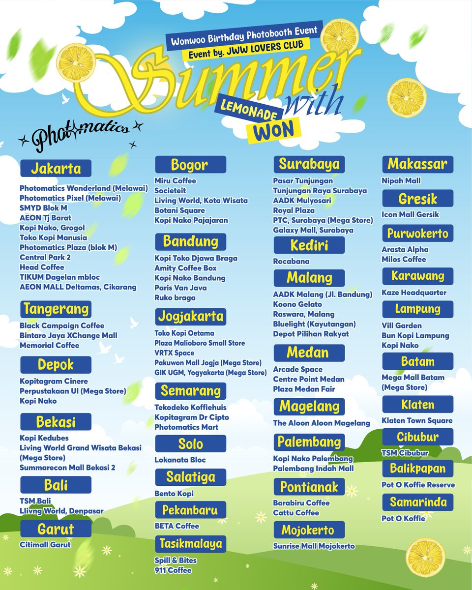 justwwhy's tweet photo. 🍋 SUMMER TIME WITH LEMONADE WON 🍋
Celebrate Wonwoo's Birthday with us!

A Photobooth Frame Event by:
꒰@justwwhy x @lemonadeotr x @115sunkissed꒱

📅 July 15-21, 2026
📍 @photomaticsid
 🔍Details on Poster! ✨

#selfietimeid #lemonadeWON #Wonwoo #SEVENTEEN #원우 https://t.co/Fb41KzxXiW
