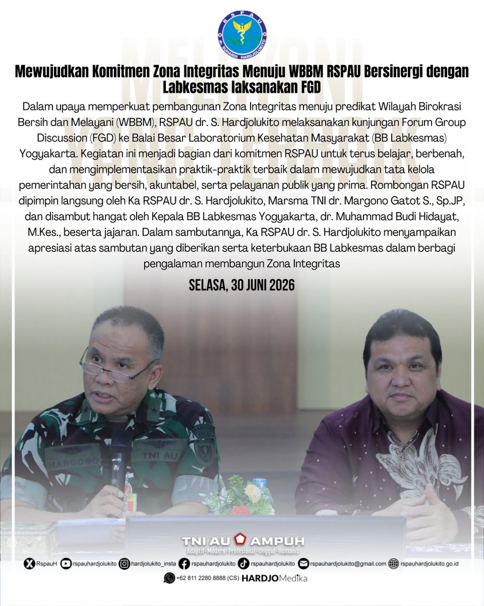 RspauH's tweet photo. Dalam upaya memperkuat pembangunan Zona Integritas menuju predikat Wilayah Birokrasi Bersih dan Melayani (WBBM), RSPAU dr. S. Hardjolukito melaksanakan kunjungan Forum Group Discussion (FGD) ke Balai Besar Laboratorium Kesehatan Masyarakat (BB Labkesmas) Yogyakarta. https://t.co/AvCFSLANJo