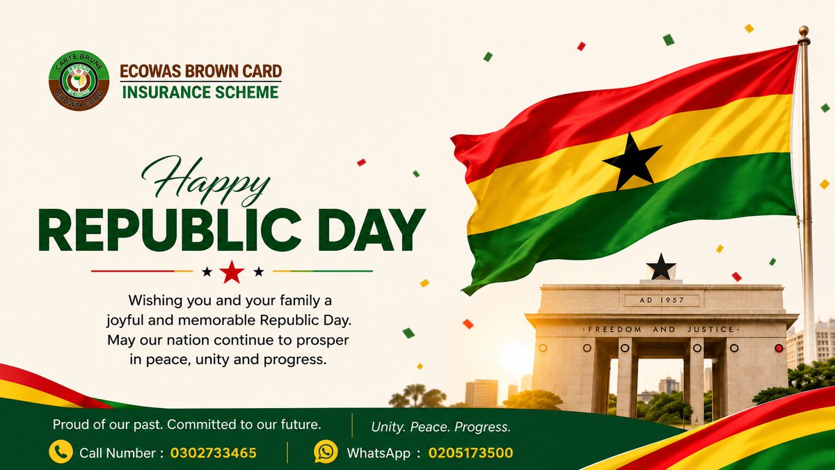 BrownCardGh's tweet photo. Wishing you and your family a joyful and memorable Republic Day.
May our nation continue to prosper in peace, unity and progress. https://t.co/NEYybvyA2a