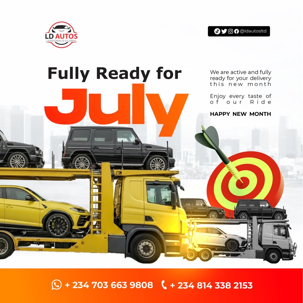 Ldautosltd's tweet photo. Happy New Month. 🎉
New month, new opportunities, new wins.
Thank you for your continued support we’re ready to serve you better this month.🚘

📩 Ready to get your dream car? Send us a DM today.
.
.

💰Price: DM for the best deal
⏱️ ETA: 6-8 weeks
🚪Doorstep Delivery Available

.
.
.
.

🚗 We offer the best deals on premium cars, all clean and certified, with doorstep delivery and a seamless buying process.

📩Send us a DM or contact us on WhatsApp (+234 814 3382153) to get your dream car

.
.
.
#july
