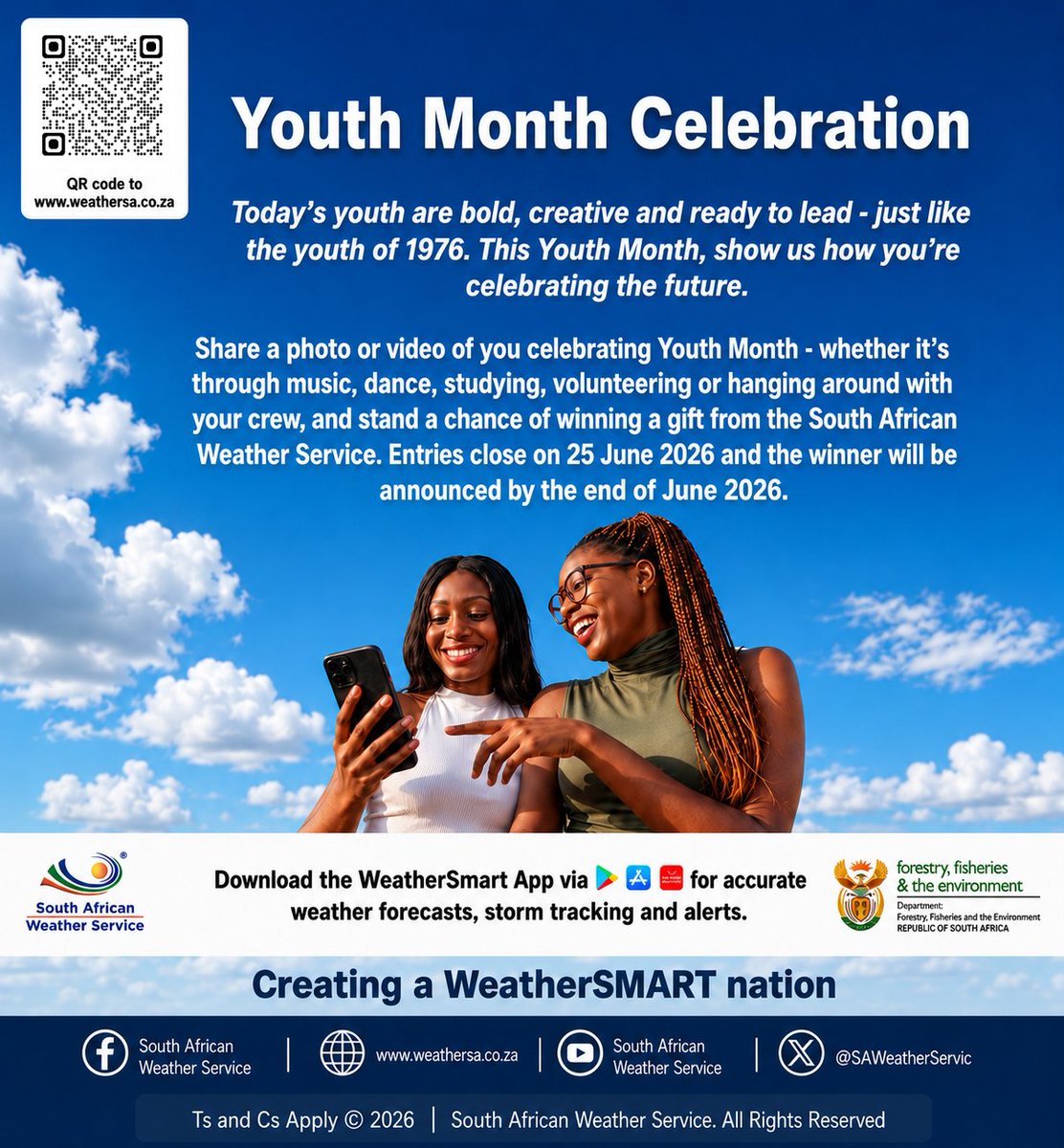 SAWeatherServic's tweet photo. Congratulations to Kimiara for winning the South African Weather Service gift pack.
We really appreciate your participation in the Youth Month Campaign.
Creating a WeatherSMART Nation.
#saws #youth26 #winner #weatherapp https://t.co/5LOA8q9szp
