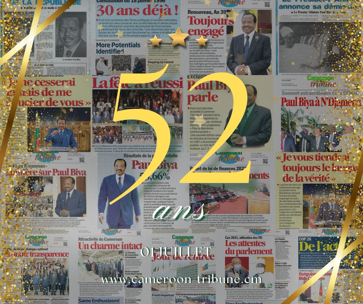 CamerounTribune's tweet photo. 52 ans au service de l’information. ! 🎉🎂🎁🥰
52 ans, c’est :
- 2 langues officielles pour informer tous les Camerounais 🇨🇲
- Des générations de journalistes au service de la vérité
- Des milliers de #Unes qui ont raconté le Cameroun
Merci pour votre confiance depuis 1974. https://t.co/zhJ6a1c6Hz