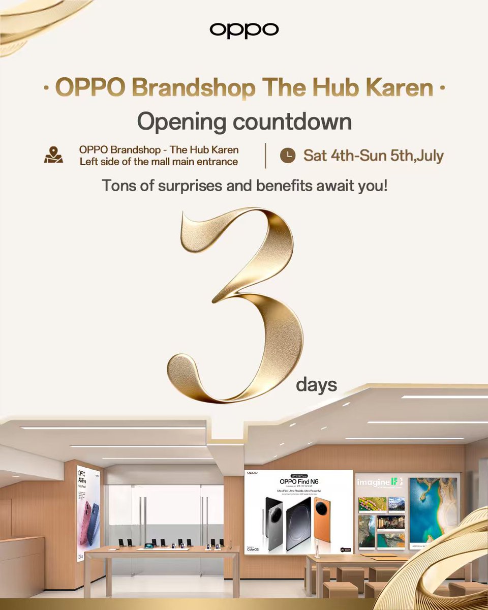 OPPOKenya's tweet photo. We are counting just 3 days until we welcome you to our newest brandshop at The Hub Mall (Karen).
Expect surprises, amazing offers, and the latest OPPO devices. Are you ready to join the fun?
#OPPOKenya #OPPOTheHubKaren https://t.co/UiNF39GTpN