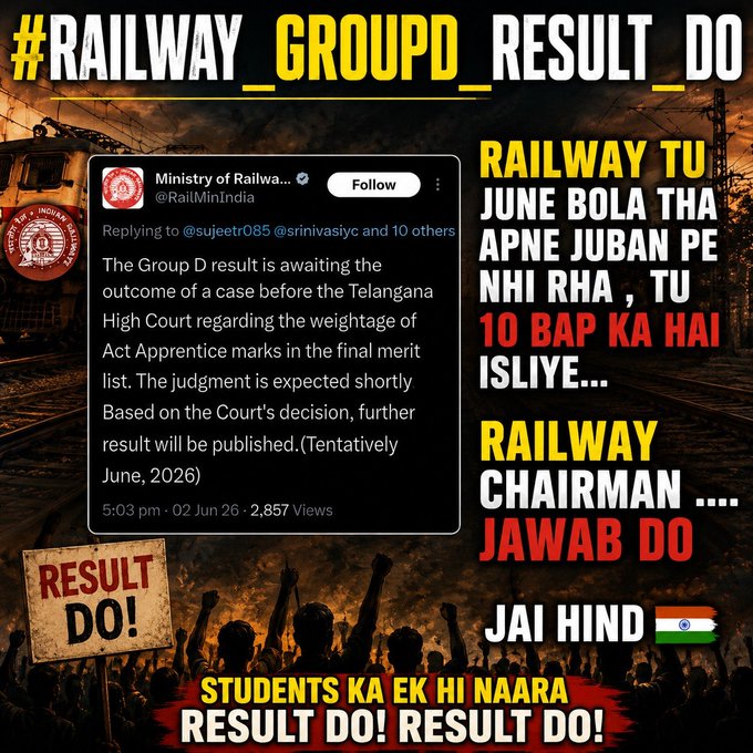 mukeshKumar432's tweet photo. #RAILWAY_GROUPD_RESULT_DO
1 करोड़ 8 लाख युवाओं के भविष्य के साथ यह खिलवाड़ कब तक? न 
रिजल्ट आया, न कोई आधिकारिक जानकारी। रेलवे भर्ती बोर्ड (RRB) 
अपनी चुप्पी तोड़े!🙏📷

#Railway_GroupD_Result
@RailMinIndia 
@AshwiniVaishnaw https://t.co/NbCjlICHPv