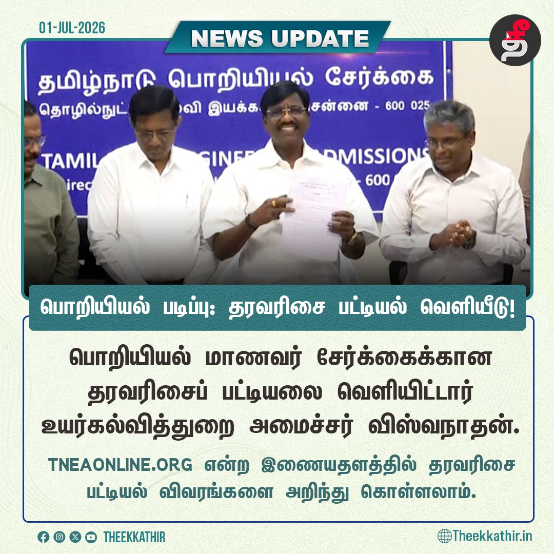 Theekkathir's tweet photo. பொறியியல் படிப்பு: தரவரிசை பட்டியல் வெளியீடு!
#Theekkathir | #EngineeringCouncelling | #ministerviswanathan https://t.co/9gasFlLZF9